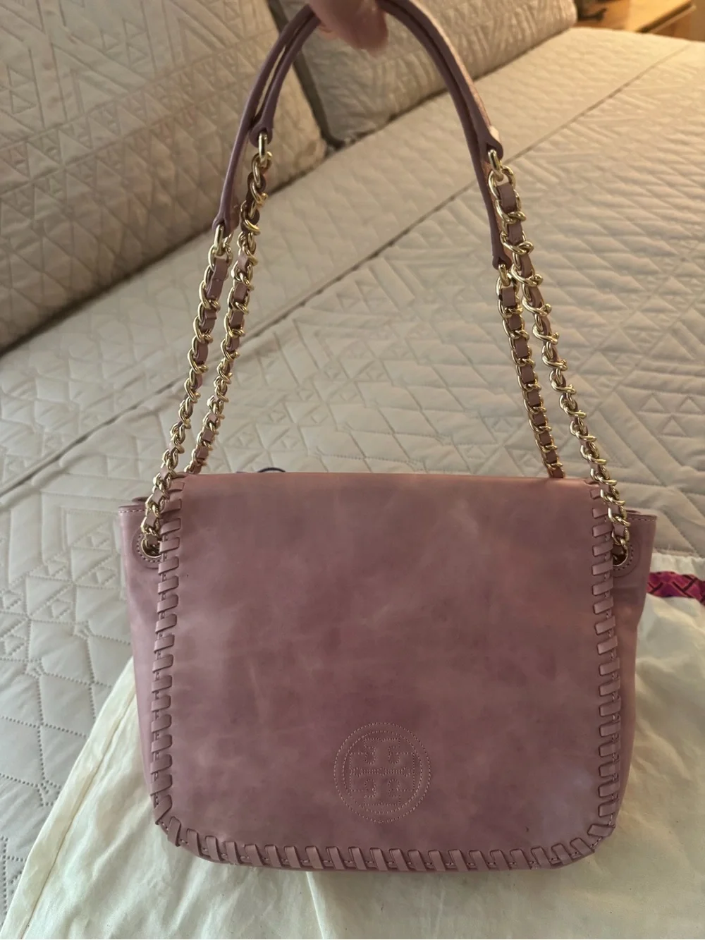 Tory Burch Dusty Rose Leather Whipstitch Chain-Shoulder Crossbody